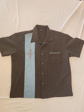 🗿Steady Men's Sz L Short-Sleeve Cuban Shirt with Light Blue Tiki Panel